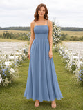 Dusty Blue Spaghetti Strap Square Neck Ankle Length A Line Dress front view
