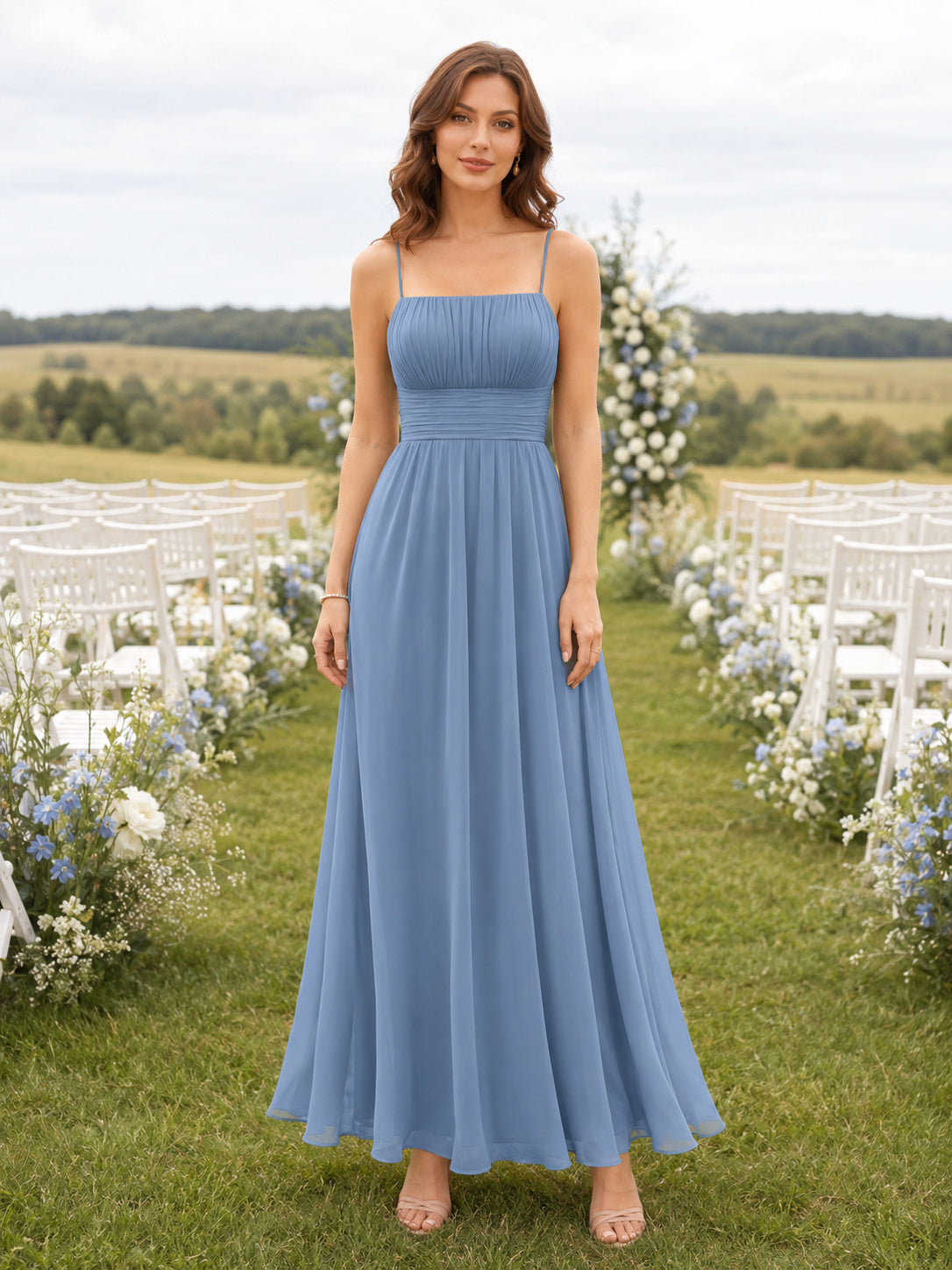 Dusty Blue Spaghetti Strap Square Neck Ankle Length A Line Dress front view