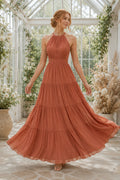 Papaya Halter Neck Tiered Chiffon A-Line Bridesmaid Dress with Ankle-Length Skirt front view