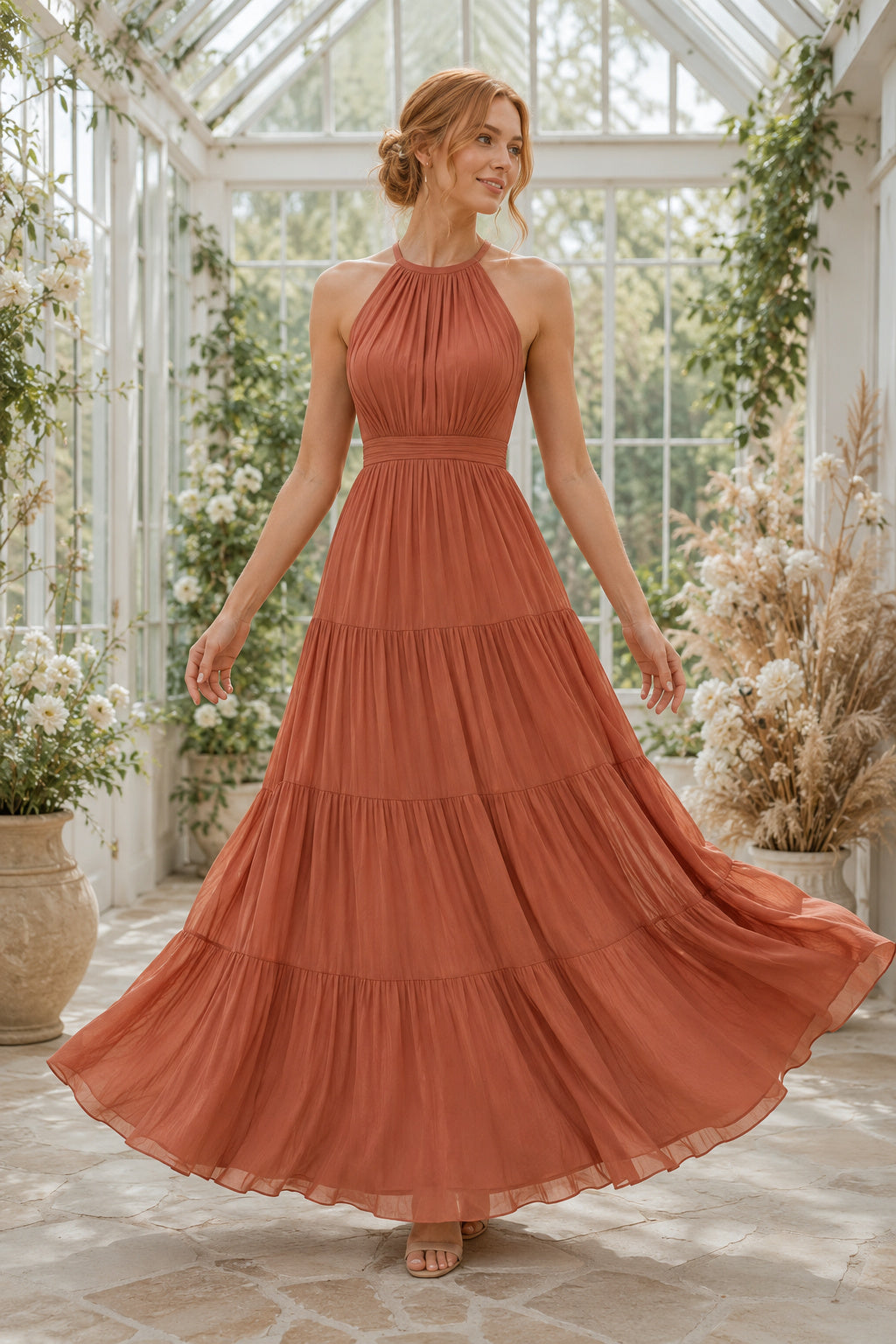 Papaya Halter Neck Tiered Chiffon A-Line Bridesmaid Dress with Ankle-Length Skirt front view