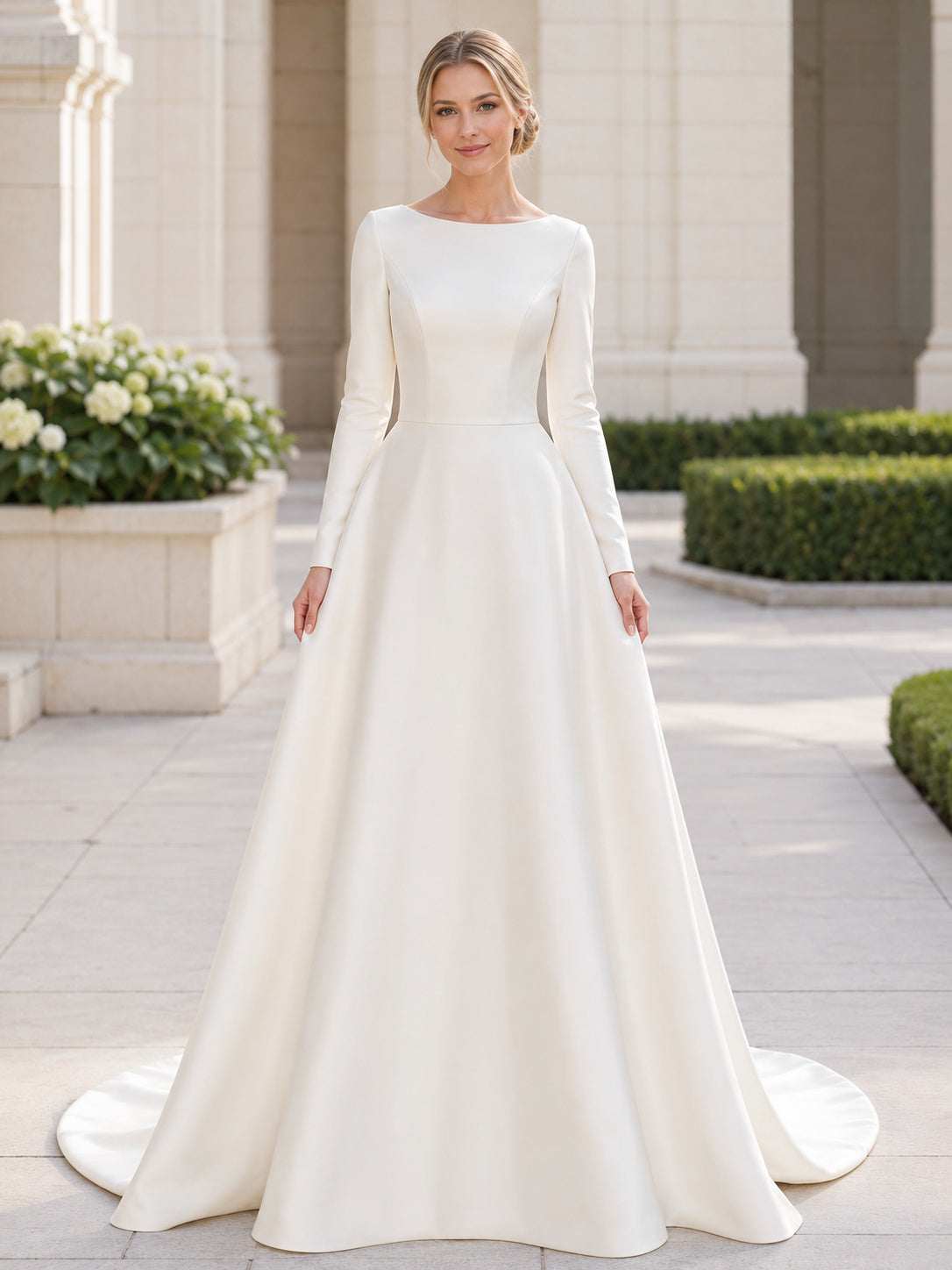 Modest LDS Bateau Long Sleeve Satin A-Line Button Back Chapel Wedding Dress front view