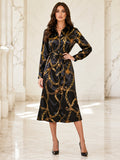 Black Chain Print Satin Shirt Collar Midi Dress front view