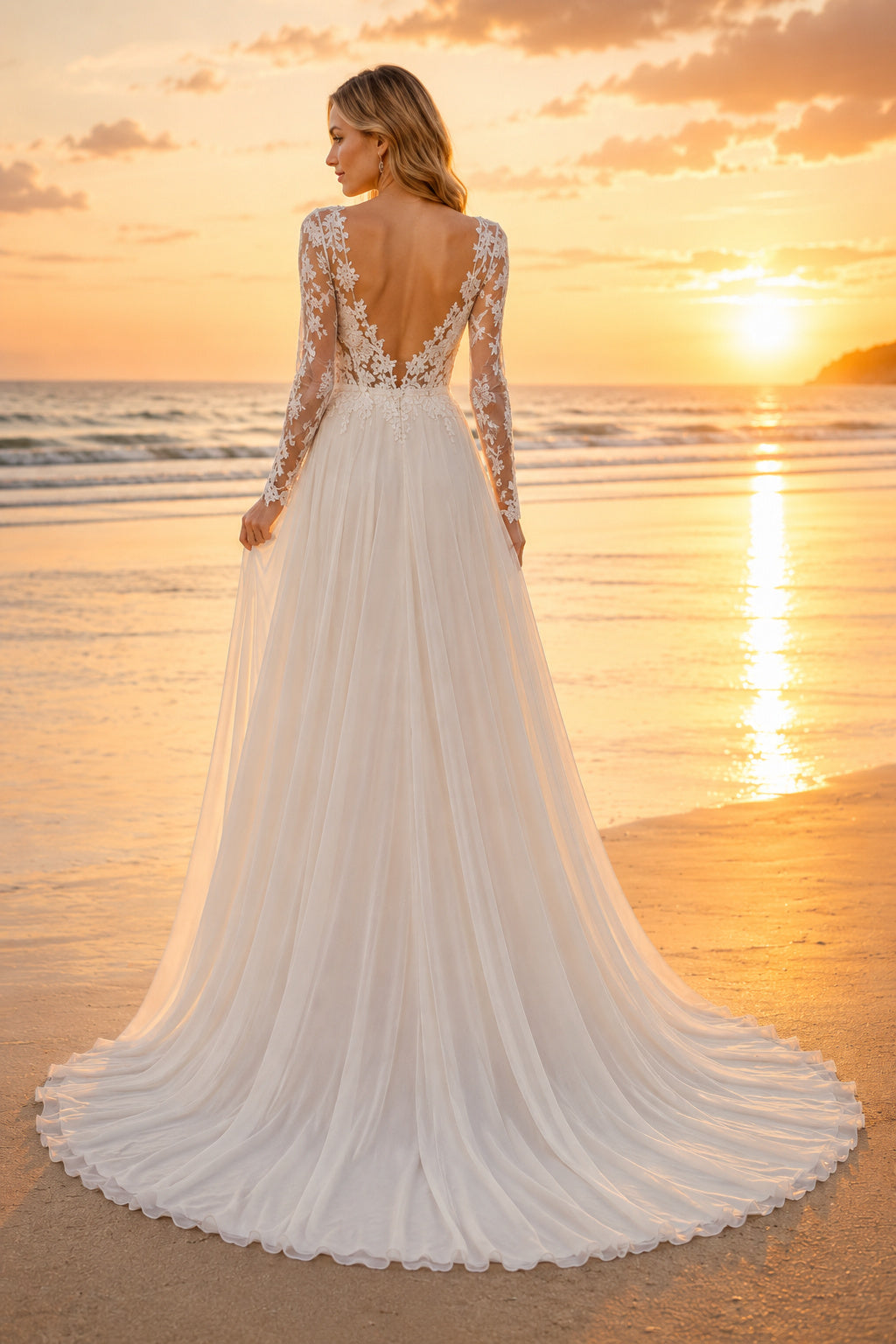 Ivory Long Sleeve V-Neck Lace Chiffon A-Line Wedding Dress Chapel Train for Bridal Ceremony and Reception back view