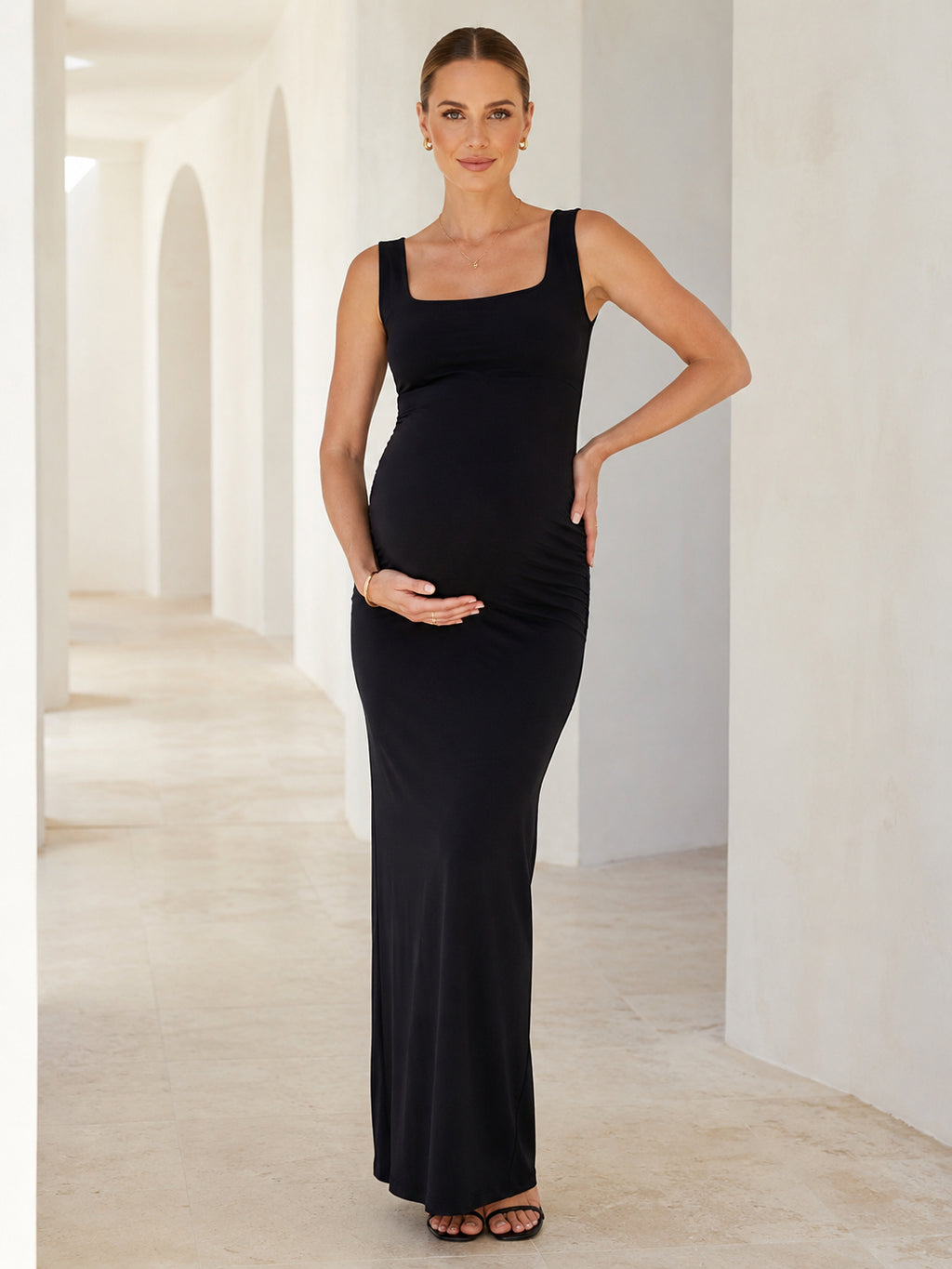 Black Maternity Square Neck Wide Strap Jersey Sheath Floor Length Minimal Dress front view