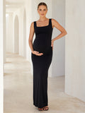 Black Maternity Square Neck Wide Strap Jersey Sheath Floor Length Minimal Dress front view