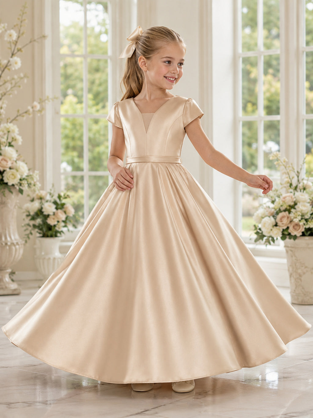 Flower Girl Dress Champagne Satin A-Line Short Sleeve Jewel Neck Floor Length Sash Detail front view