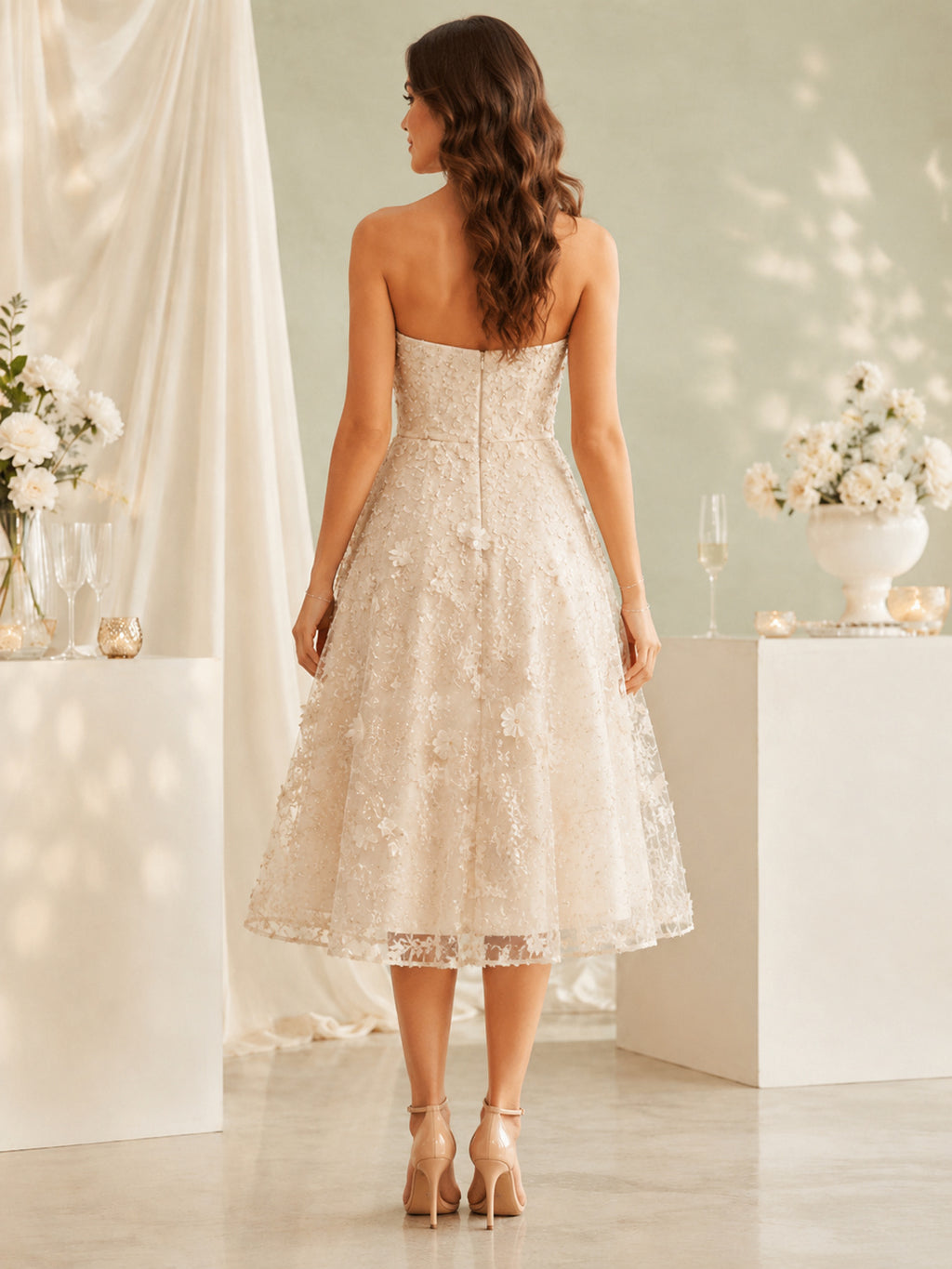 Champagne Strapless Floral Applique Textured Midi Cocktail Dress back view