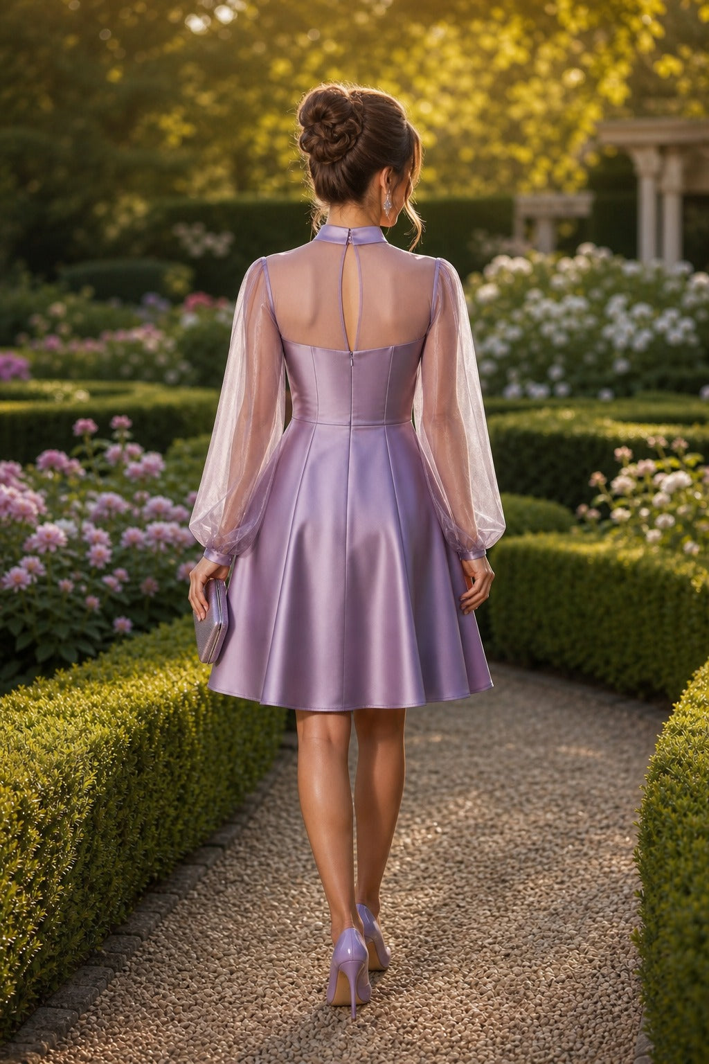 Mauve Square Neck Tea-Length Satin A-Line Dress