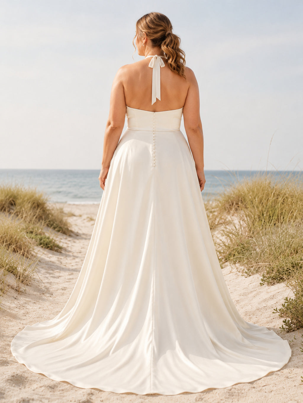 Plus Size Beach Chiffon Wedding Dress A-Line Halter Sleeveless Chapel Train Strappy Back Bridal Gown back view