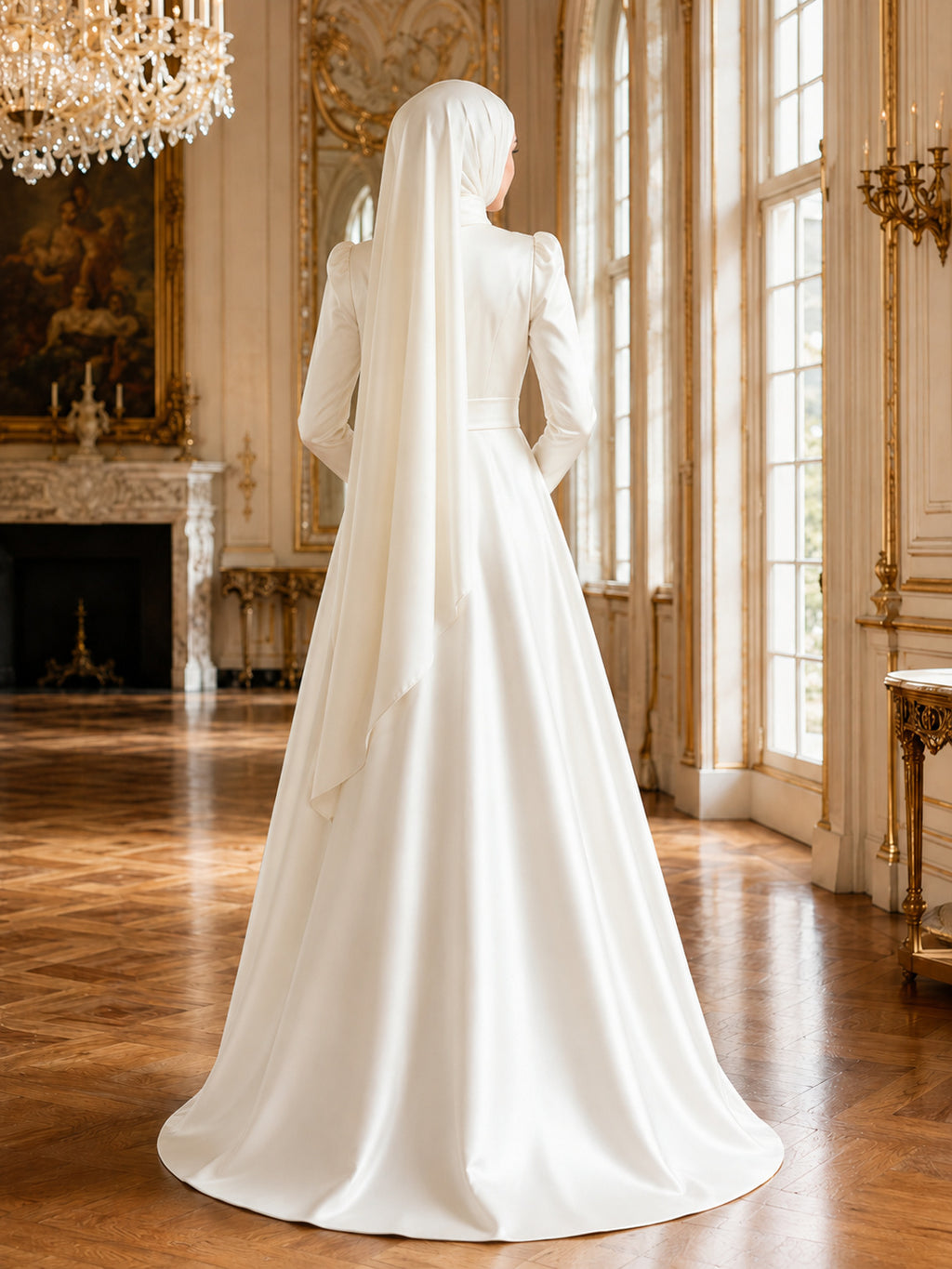 Modest Muslim Satin Long Sleeve A-Line Bridal Gown For Reception back view