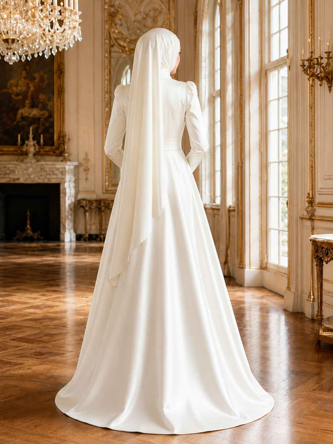 Modest Muslim Satin Long Sleeve A-Line Bridal Gown For Reception back view