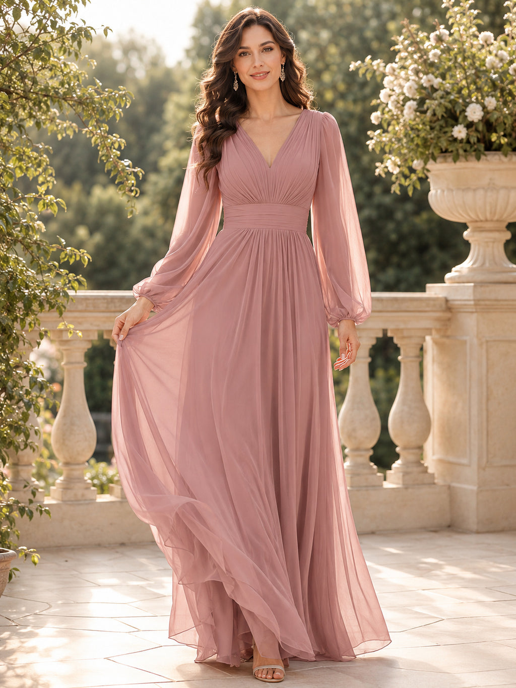 Dusty Rose Chiffon Bishop Sleeve V-Neck Gown front view