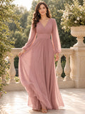 Dusty Rose Chiffon Bishop Sleeve V-Neck Gown front view