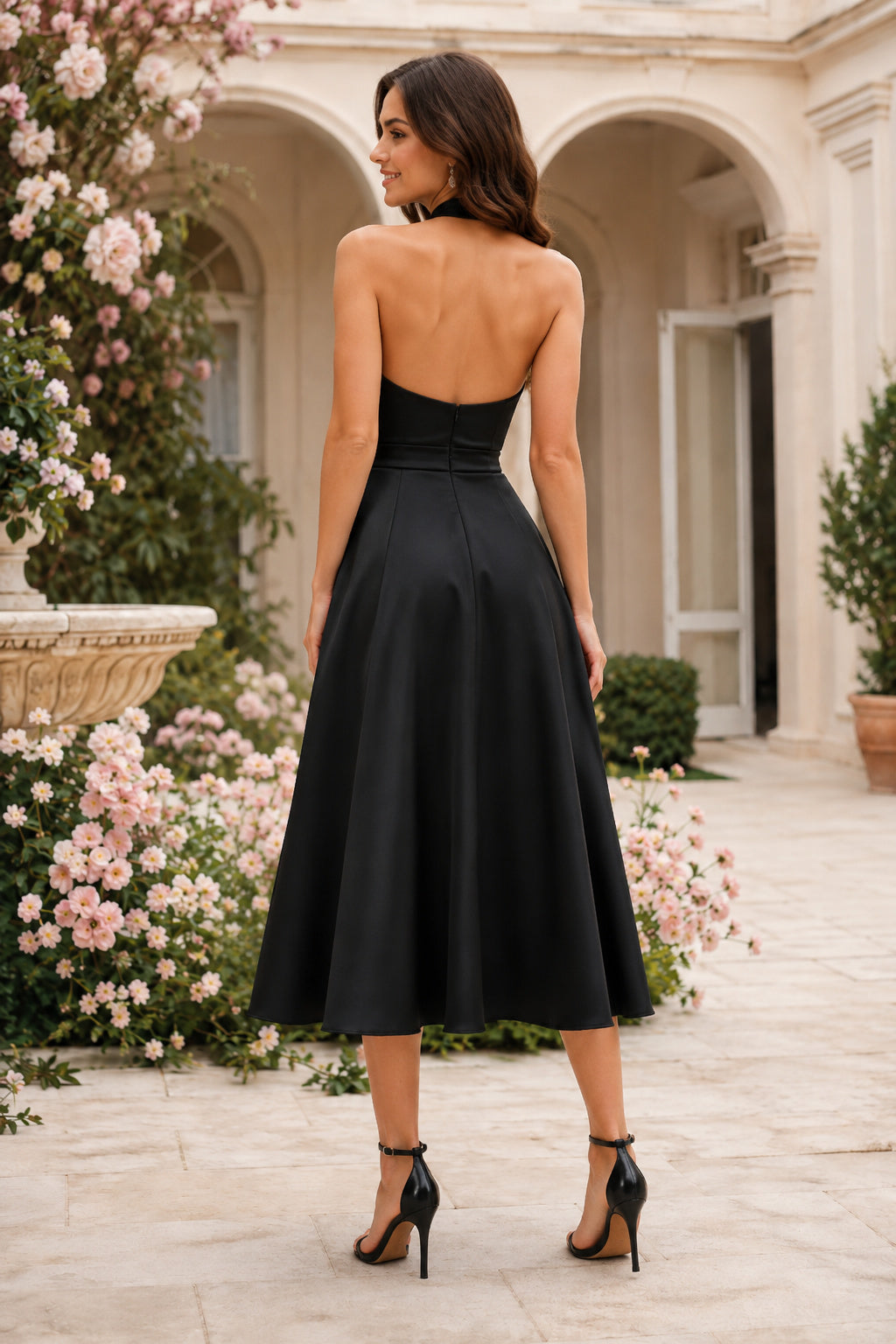 Black Halter Satin Tea Length A-Line Dress with Bow Neck Detail back view