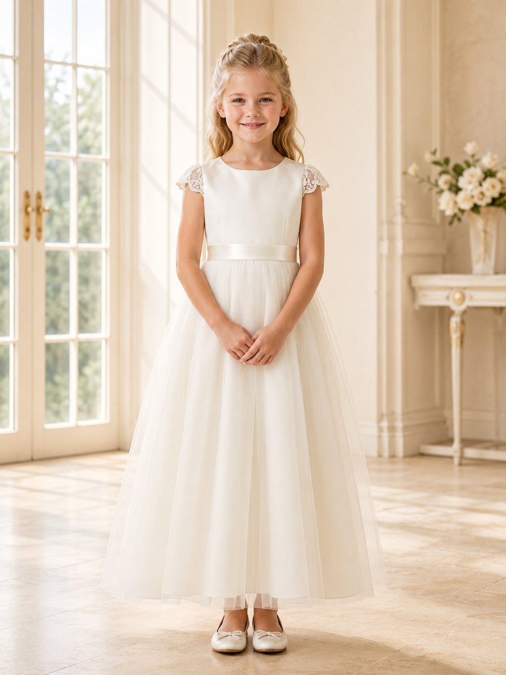 Long Classic Tulle Flower Girl Dress with Bow Waist front view