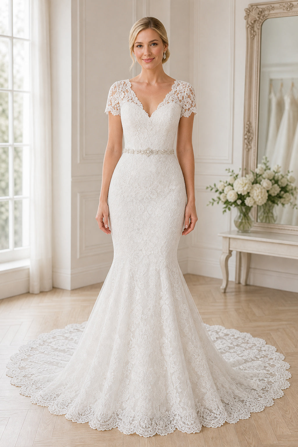 White Off-the-shoulder Flutter Sleeves A-Line Chiffon Floor-length Wedding Dress With Layered Skirt and Beaded Bodice and Open Back