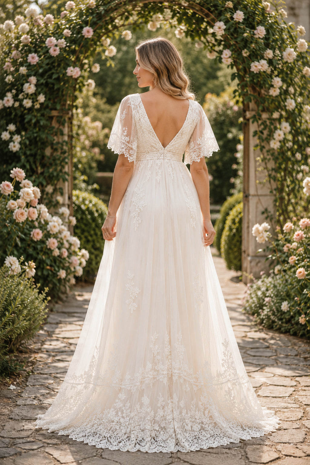 Ivory Cap Sleeve Lace Maternity Wedding Dress with V-Neck and Lace Hem back view