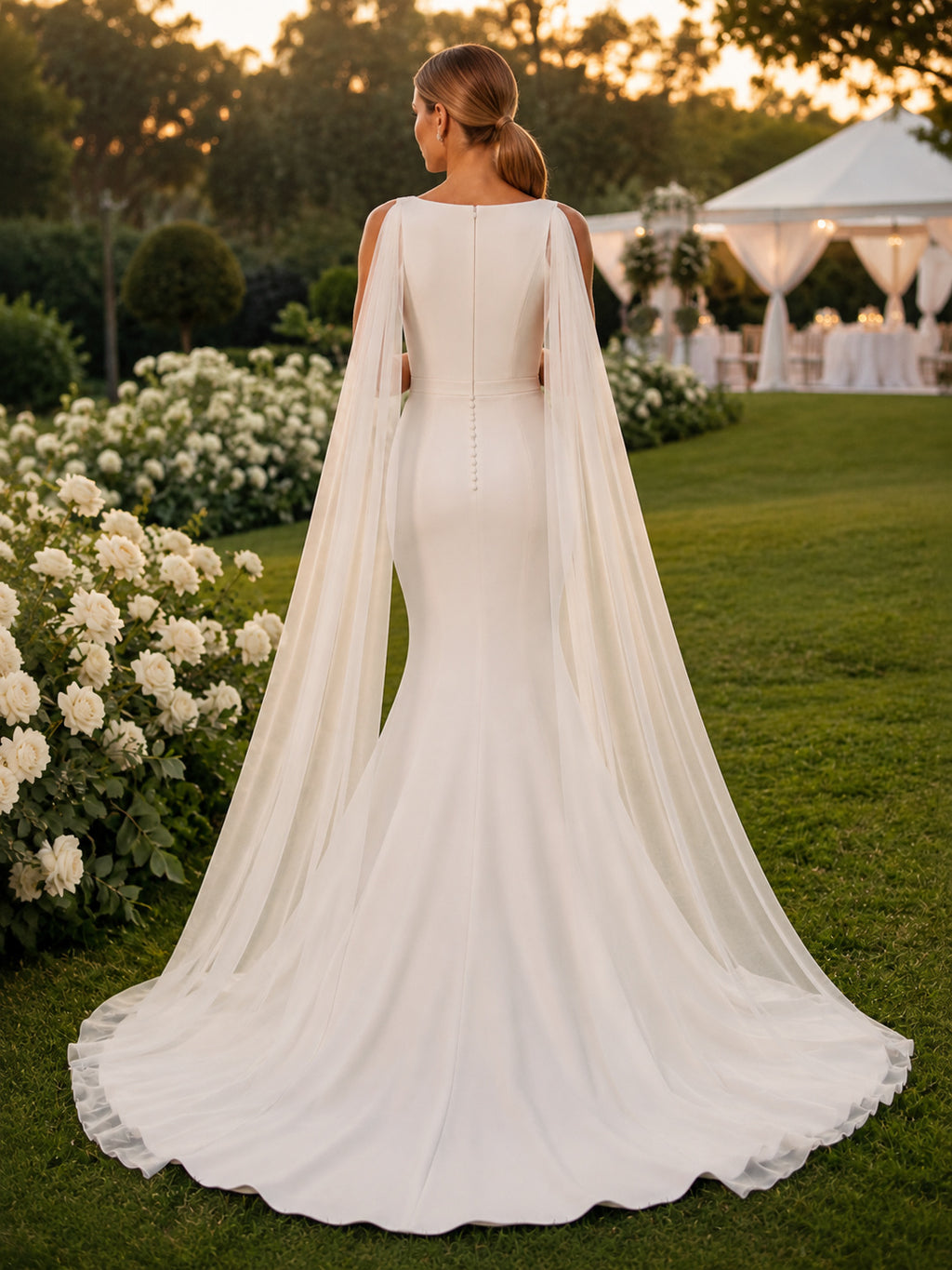 Beach Satin Chiffon Wedding Dress Mermaid Jewel Neck Sleeveless Sweep Train Bridal Gown back view