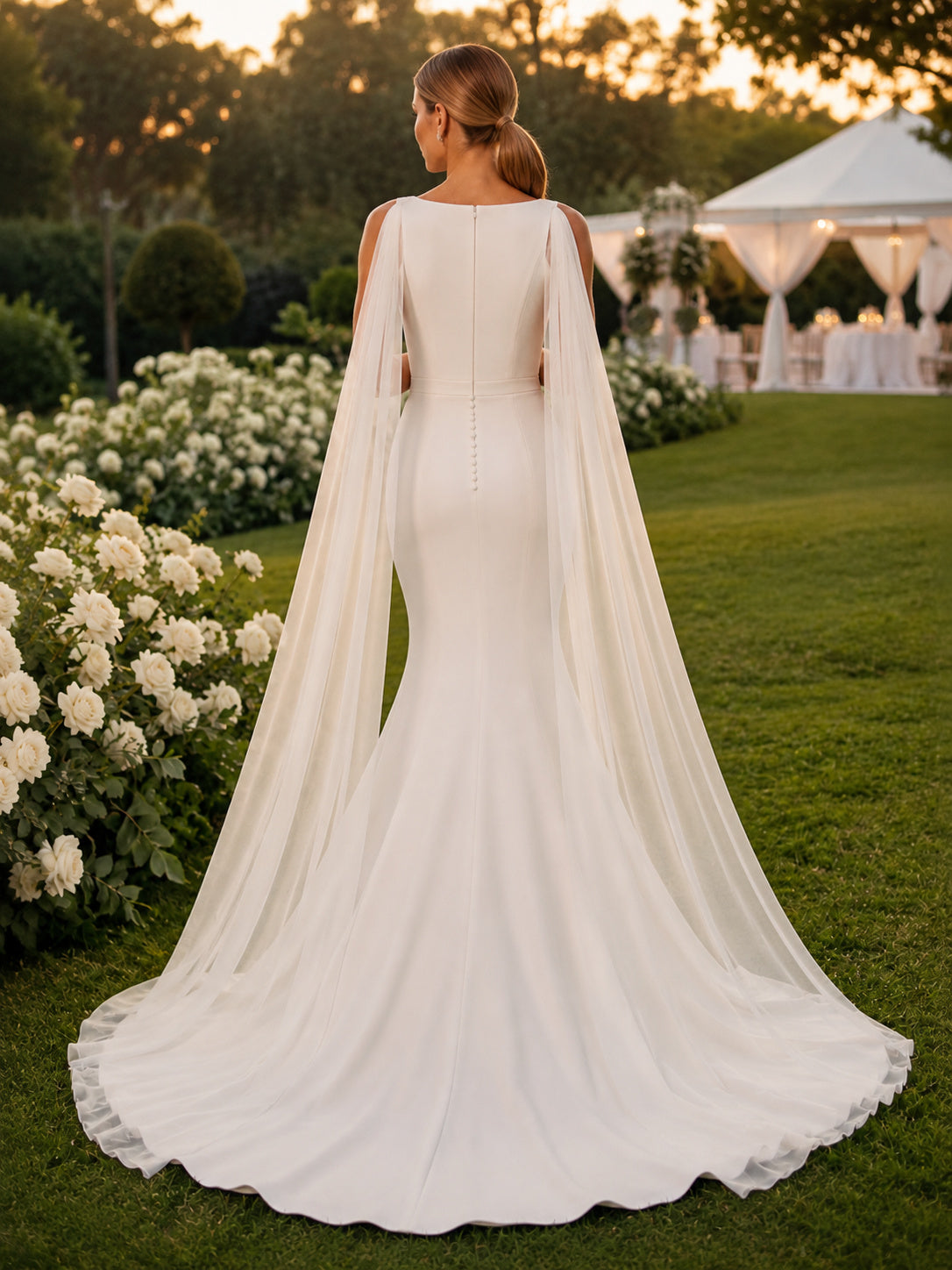 Beach Satin Chiffon Wedding Dress Mermaid Jewel Neck Sleeveless Sweep Train Bridal Gown back view