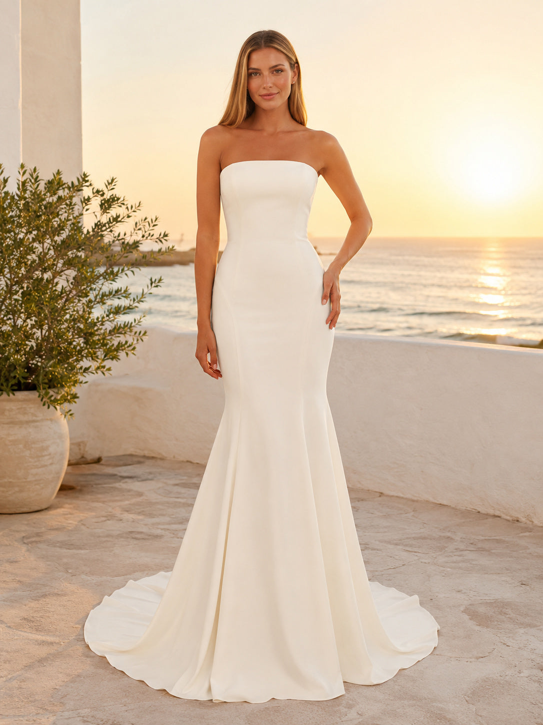 Minimalist Satin Wedding Dress Mermaid Strapless Sweep Train Bridal Gown front view