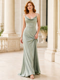 Sage Soft Glam Spaghetti Cowl Satin Evening Gown front view