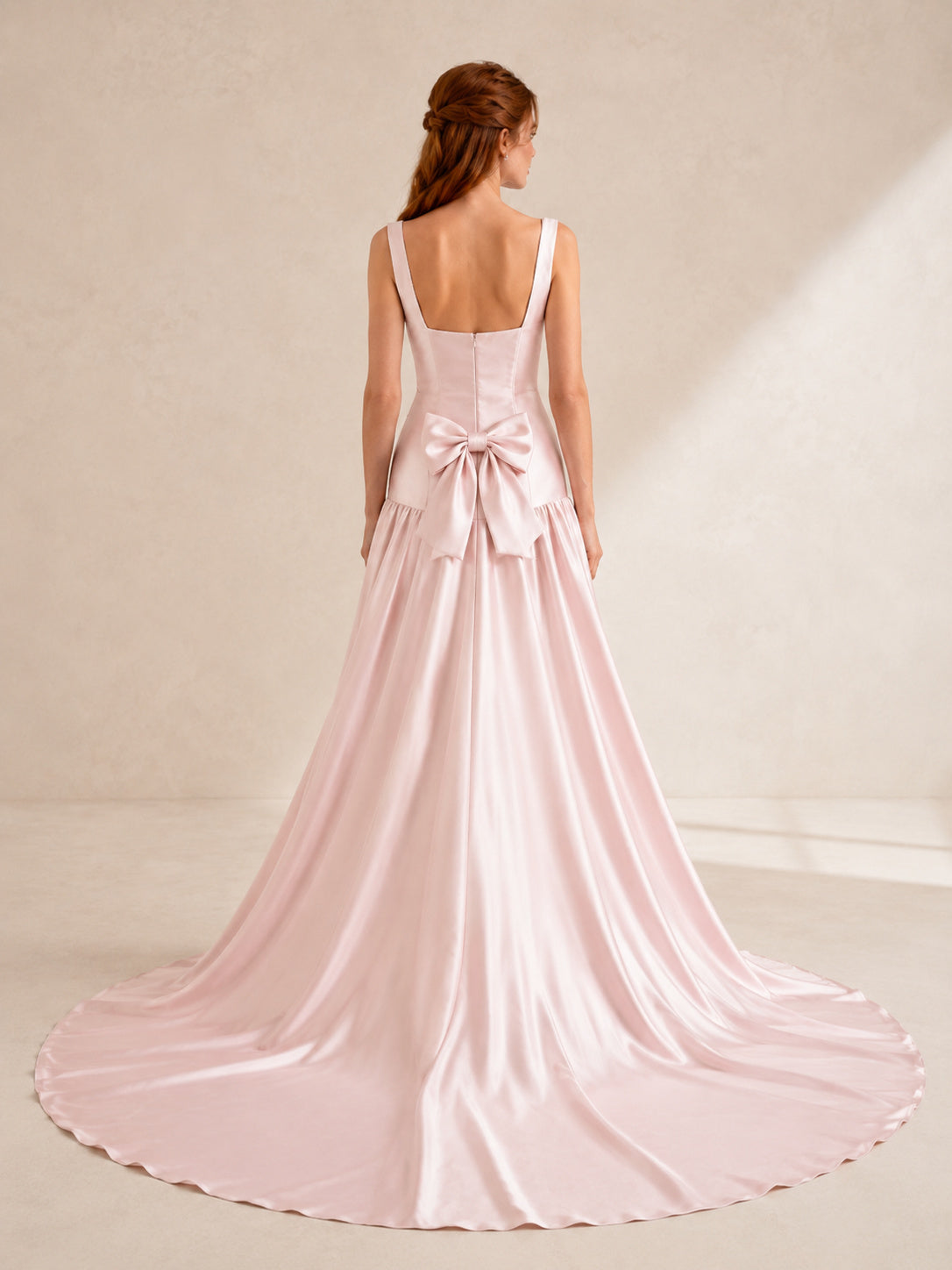 Blush Square Neck Straps Back Bow Dropped Waist Satin Wedding Dress back view