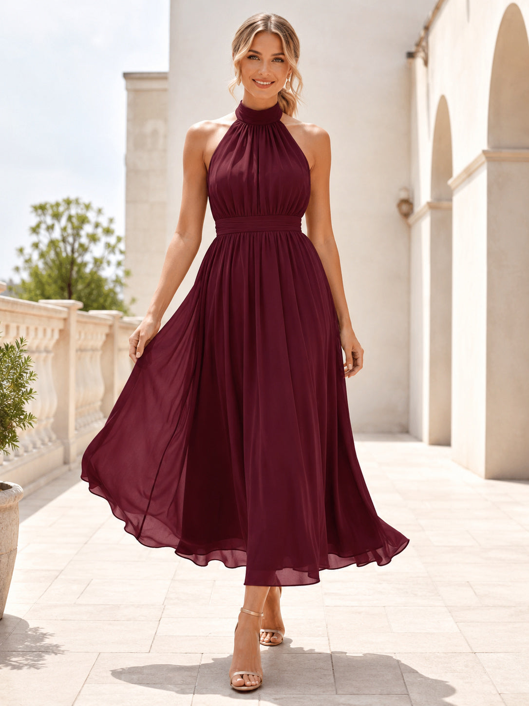 Burgundy Halter Chiffon Tea Length A Line Formal Guest Dress front view