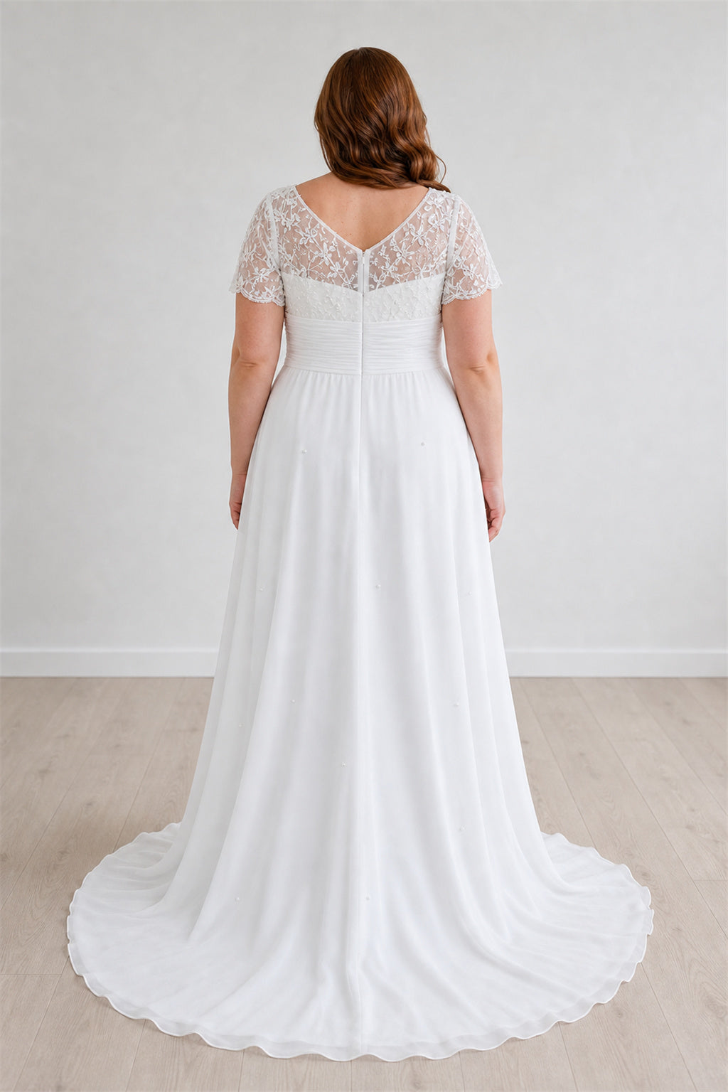 White V-neck Cap Sleeves A-Line Chiffon, Lace Floor-length Wedding Dress With Lace Bodice and Train and Open Back