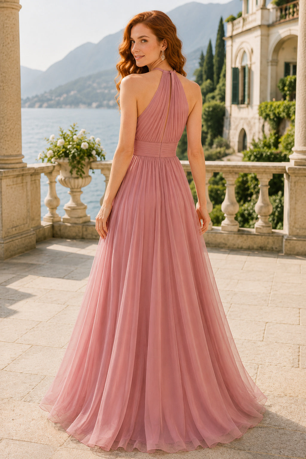 Dusty Rose halter chiffon A line dress with pleated bodice and flowing skirt Floor-length A-Line Bridesmaid Dress back view