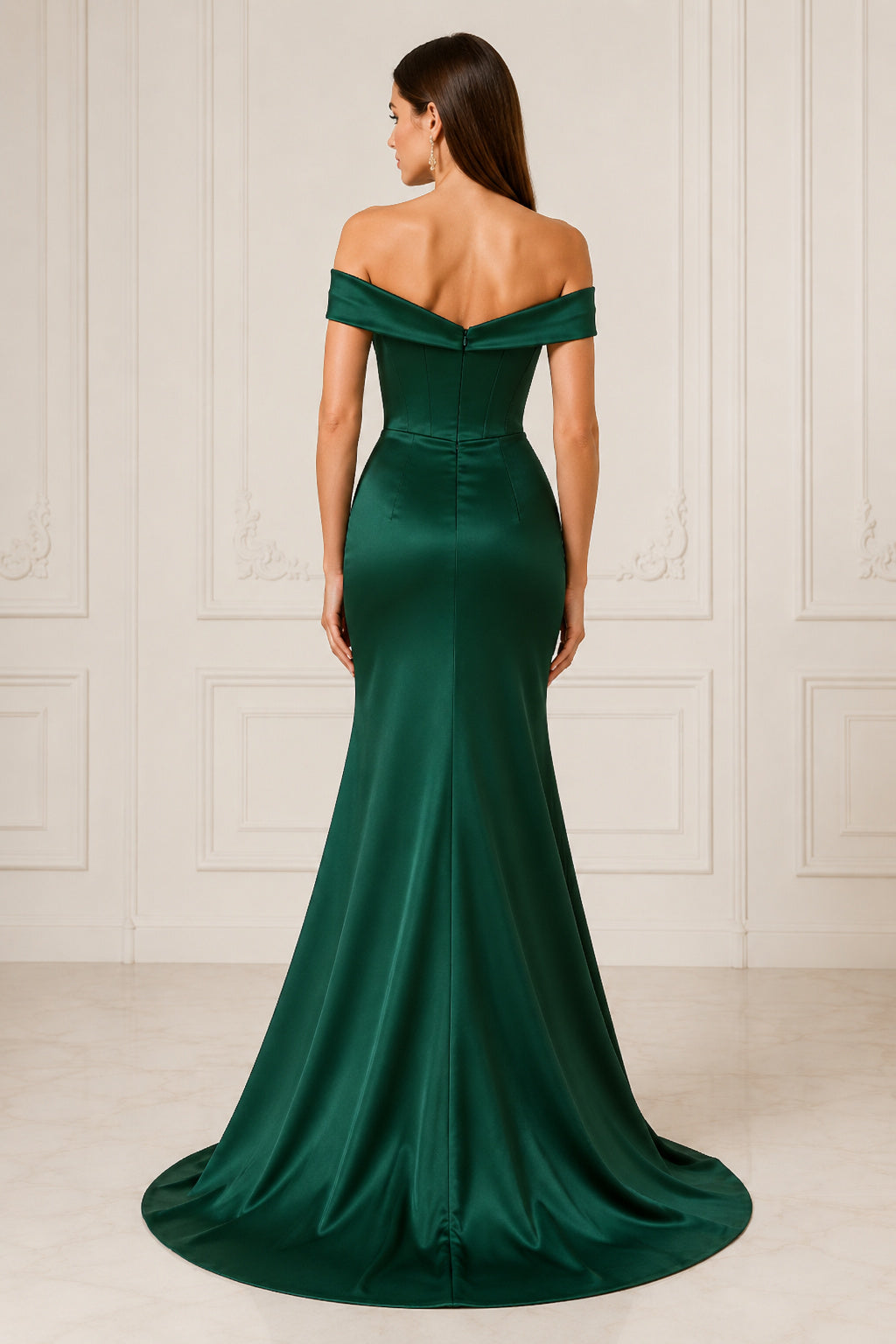 Dark Green Off the Shoulder Green Satin Sheath Gown with Side Slit Floor Length And Sweep/Brush Train Sheath Prom Dress back
