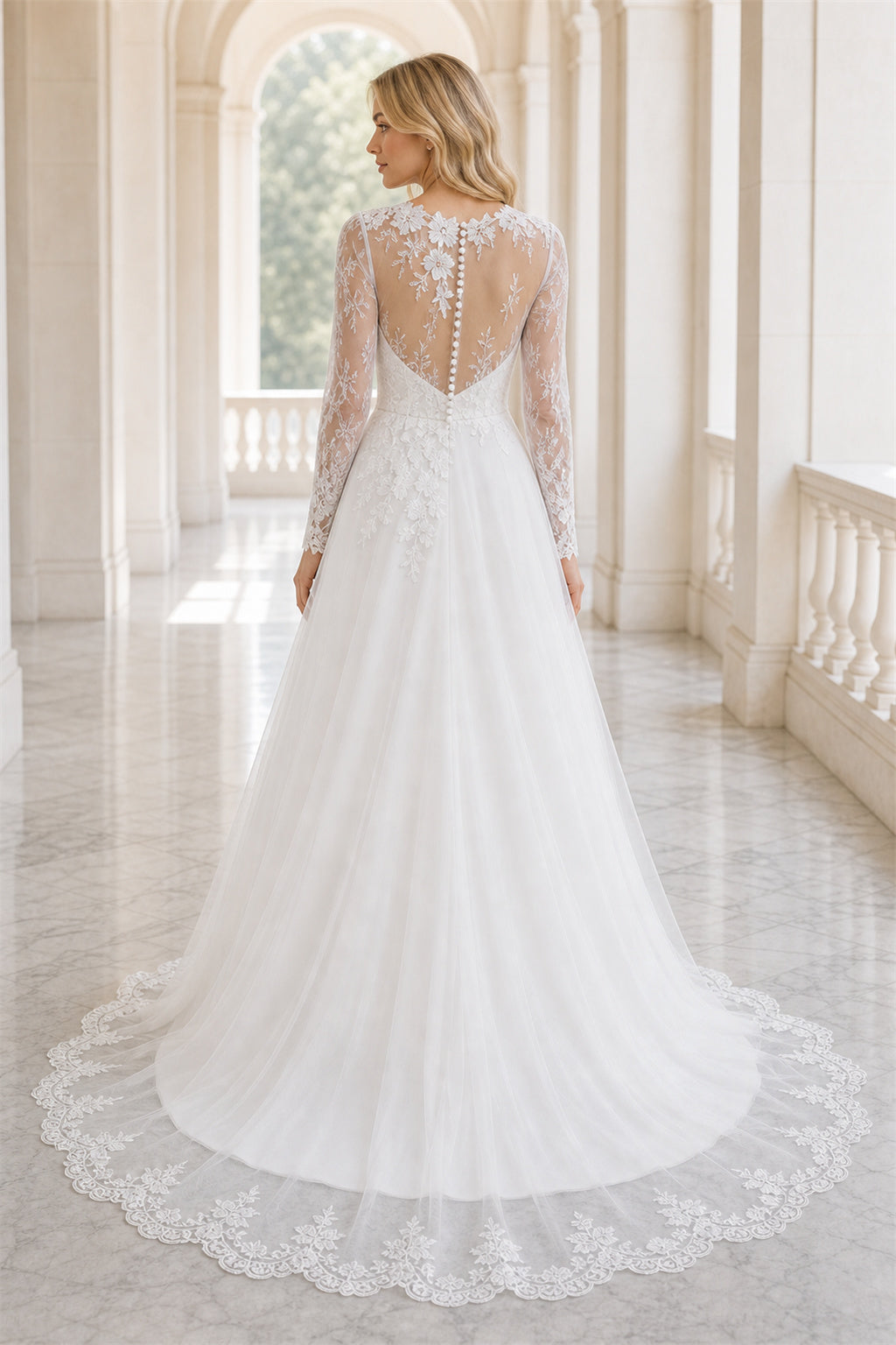 White Illusion Long Sleeves A-Line Tulle, Lace Floor-length Wedding Dress With Lace Appliques and Train
