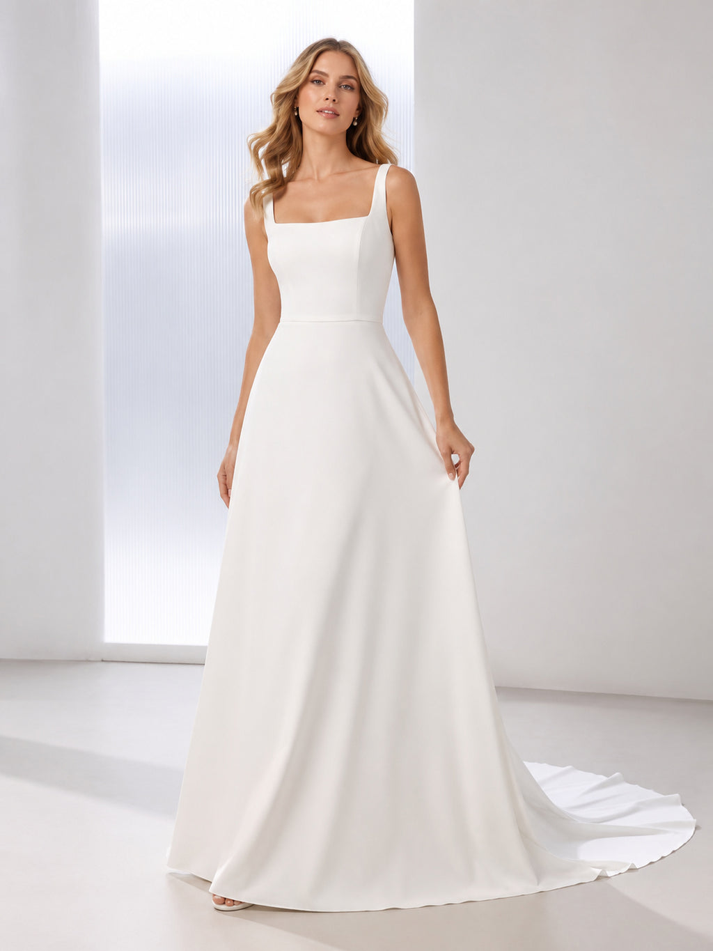 Square Neck Minimalist Crepe A Line Chapel Train Wedding Dress front view