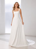Square Neck Minimalist Crepe A Line Chapel Train Wedding Dress front view