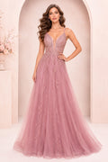 Dusty Rose Glitter Tulle A-Line Formal Dress with Deep V Neck front view