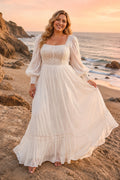 Plus Size Ivory Square Neck Balloon Sleeve Lace Tulle A-Line Wedding Dress with Tiered Ruffle Skirt and Balloon Sleeves front