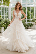 Ivory Plunging V-Neck Tiered Tulle A-Line Wedding Dress with Floral Straps front view