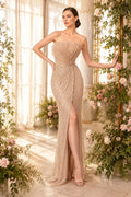 Champagne Strapless Pleated Sequin Sheath Evening Dress with High Front Split front view