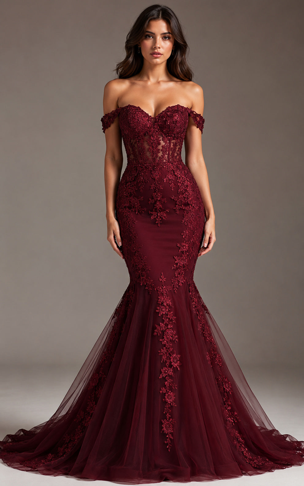 Burgundy Lace Appliqué Mermaid Prom Dress Off Shoulder Sweetheart Gown front view