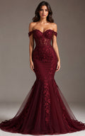 Burgundy Lace Appliqué Mermaid Prom Dress Off Shoulder Sweetheart Gown front view