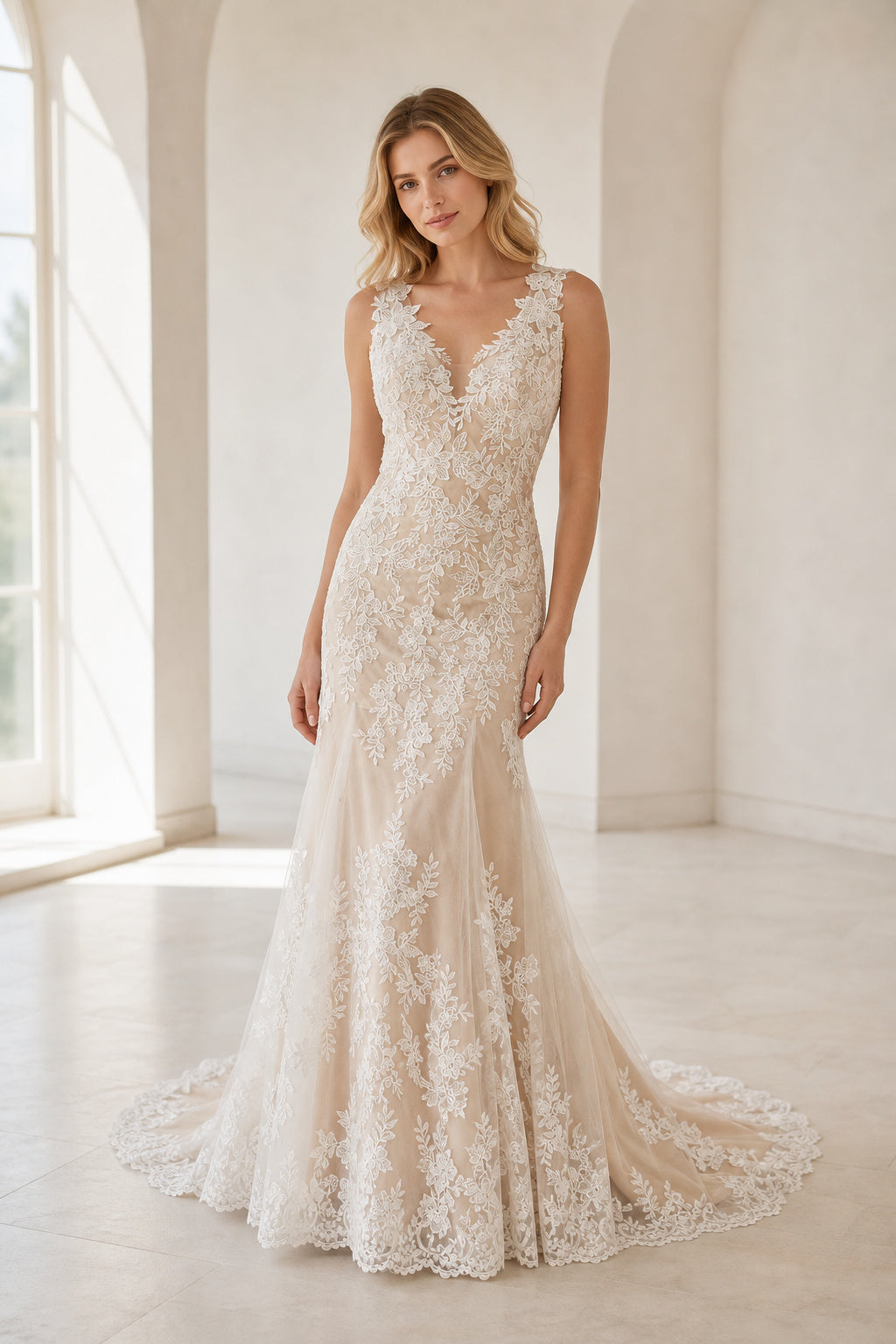 White Sweetheart A-Line Lace Floor-length Wedding Dress With Lace and Open Back and Open Back Lace Hem Detail