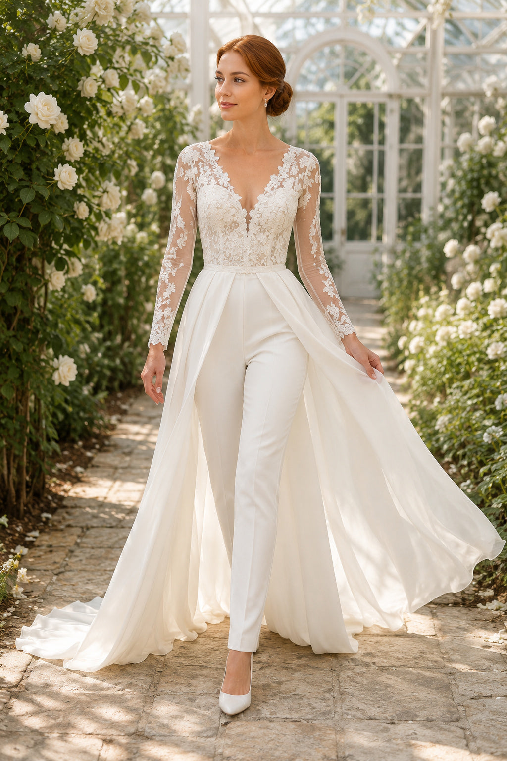Long Sleeve Lace Bodice Bridal Jumpsuit with Tulle Overskirt front view