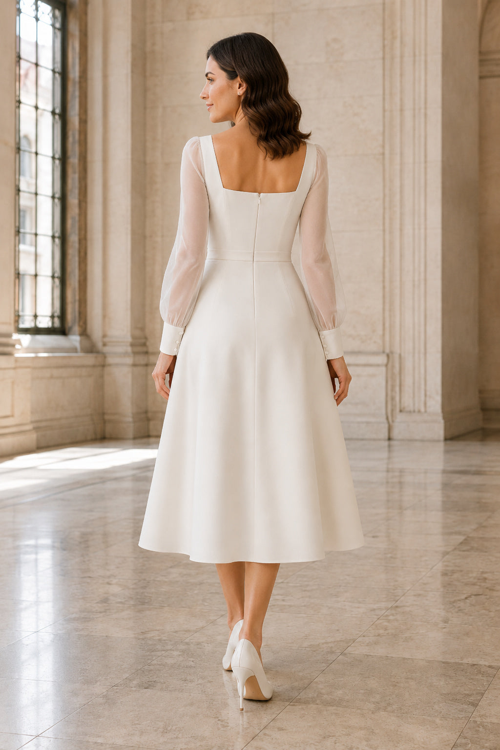 Square Neck Satin Tea-Length Wedding Dress with Soft A-Line Skirt back view