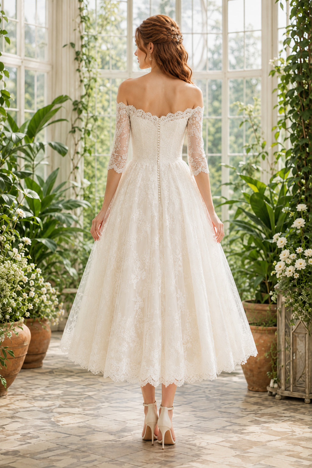 Ivory Off Shoulder Lace Tea Length Wedding Dress Half Sleeve for Wedding Reception and Party back view