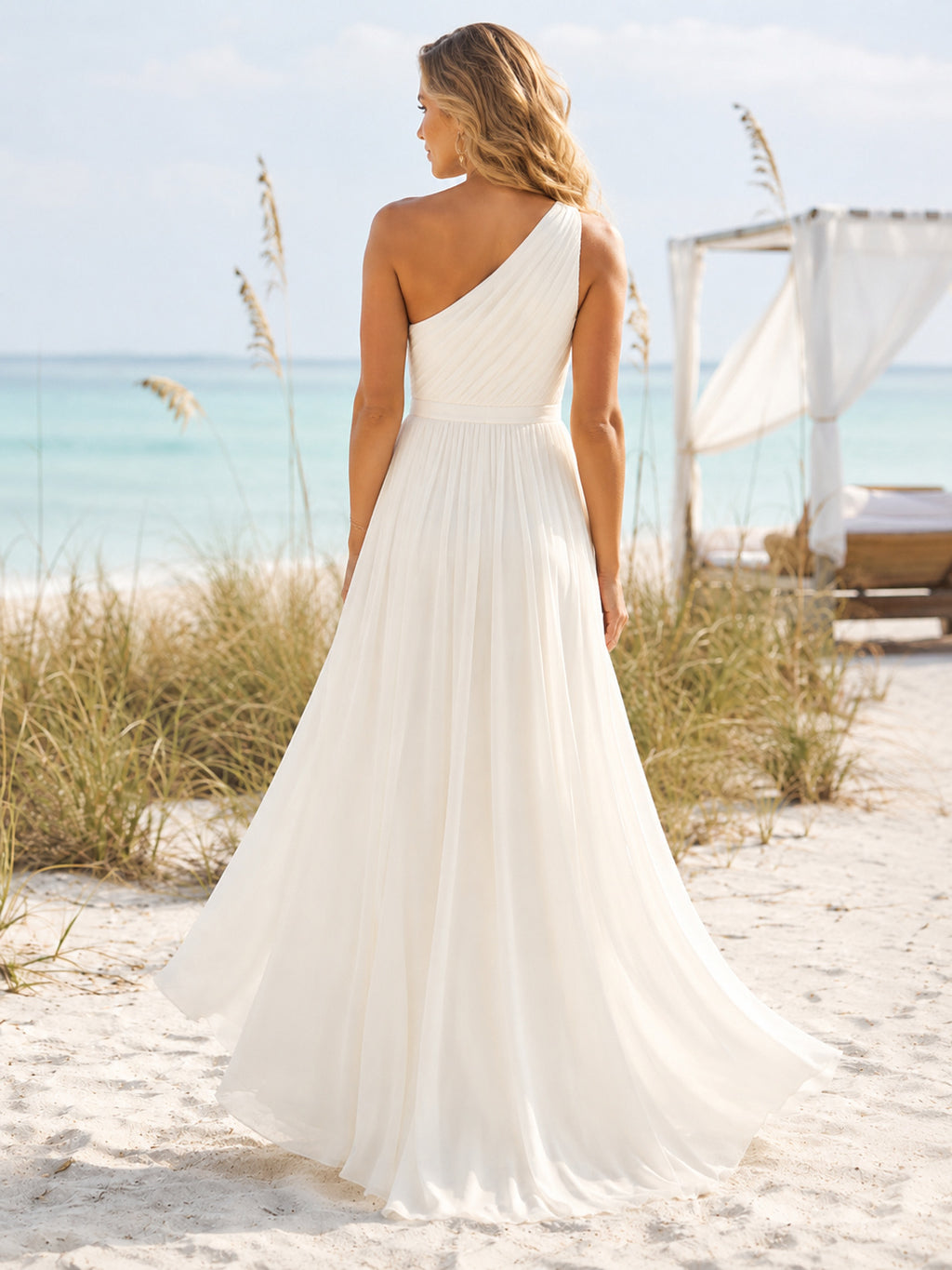 Lightweight Beach One-Shoulder Chiffon A-Line Destination Bridal Dress back view