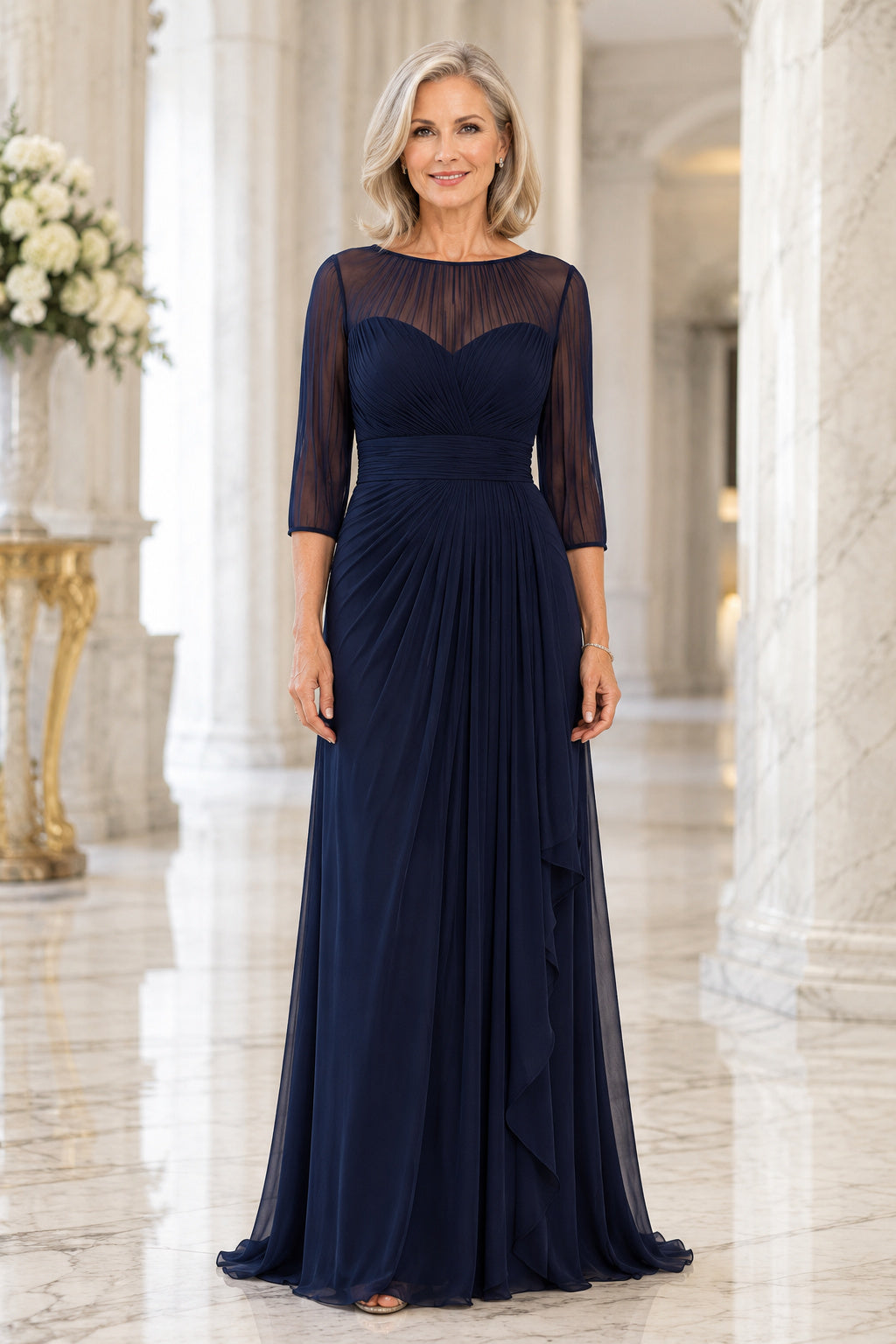Dark Navy Bateau Illusion Sleeve A-Line Mother Dress with Sweetheart Bodice front view