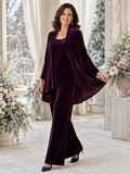 Plum Luxury Floor-Length Wide-Leg Mother of the Bride Velvet Pantsuit with Long Cape Jacket and Scoop-Neck Shell front view