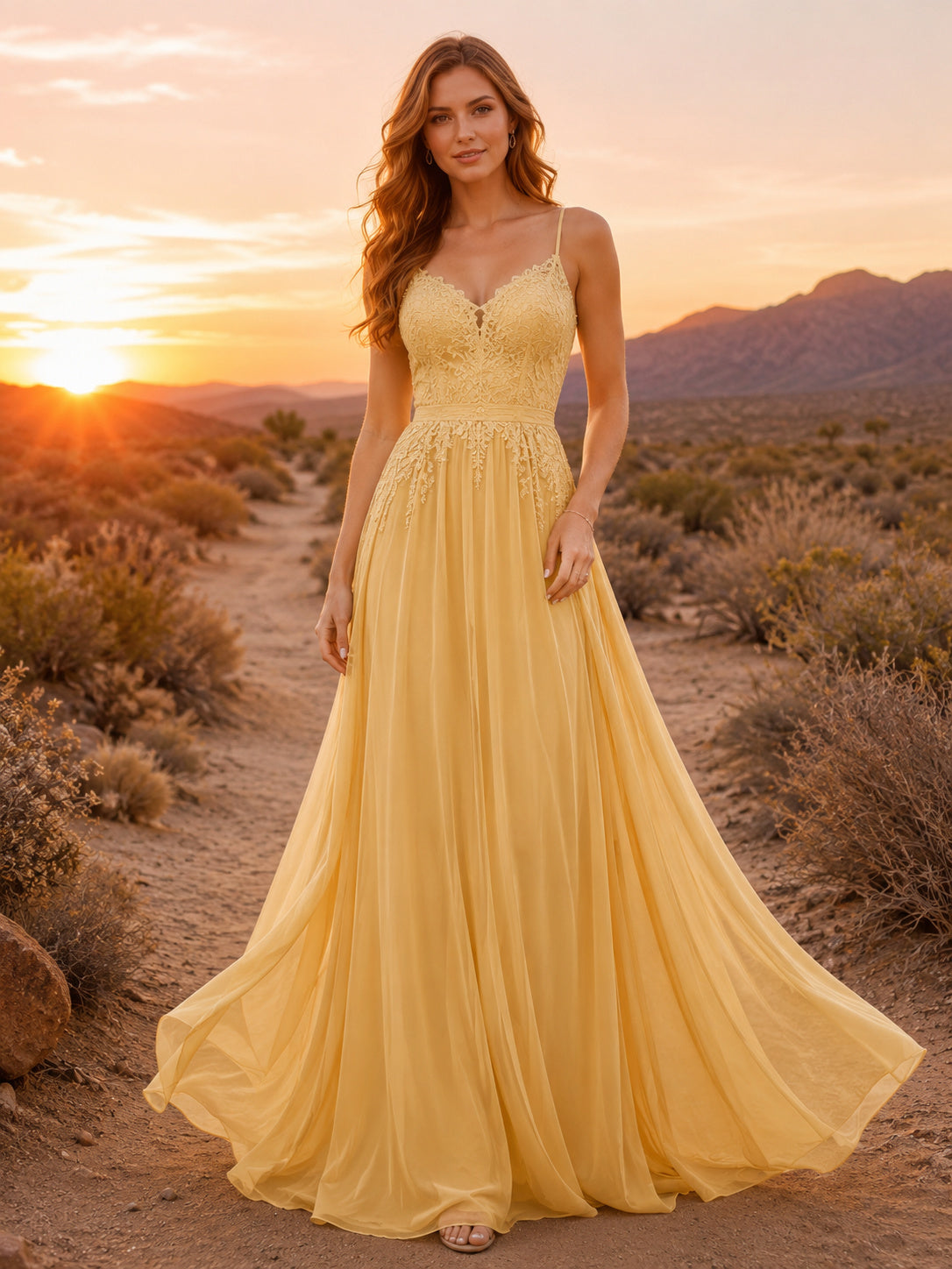 Yellow Spaghetti Strap Chiffon A Line Desert Bridal Gown front view