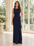 Dark Navy Elegant Floor-Length Sheath Mother of the Bride Crepe Gown with Jewel Neck Sleeveless Bodice and Waterfall Side Pan