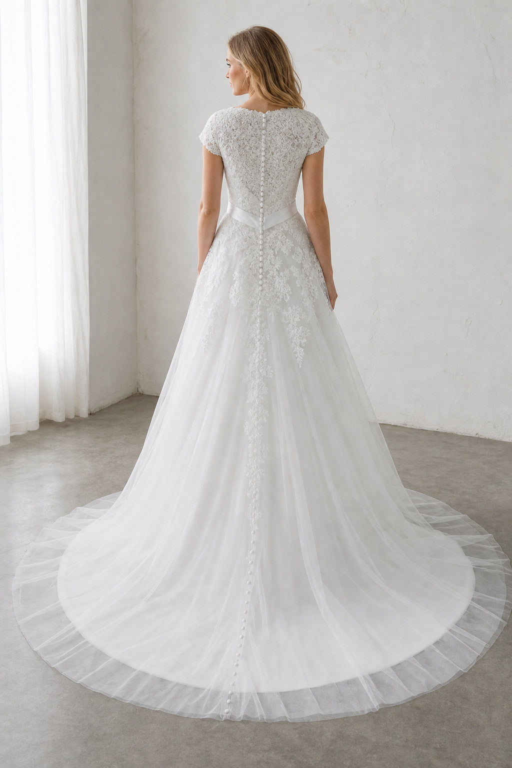 White V-neck Cap Sleeves A-Line Tulle, Lace Floor-length Wedding Dress With Lace and Train and Open Back