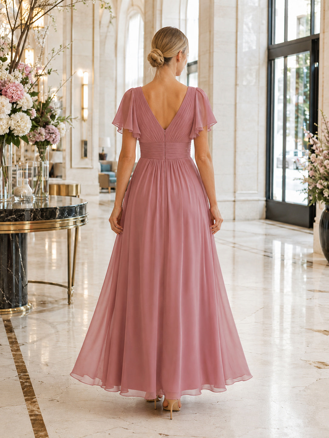 Dusty Rose Upscale City Wedding Guest Bridesmaid Cocktail Formal Dress A-Line Tea-Length V-Neck Flutter Sleeve Chiffon Low V